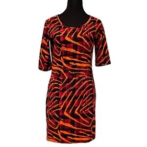 Derek Heart Womens Red Orange Black Abstract Print 3/4 Sleeve Knit Dress No Size